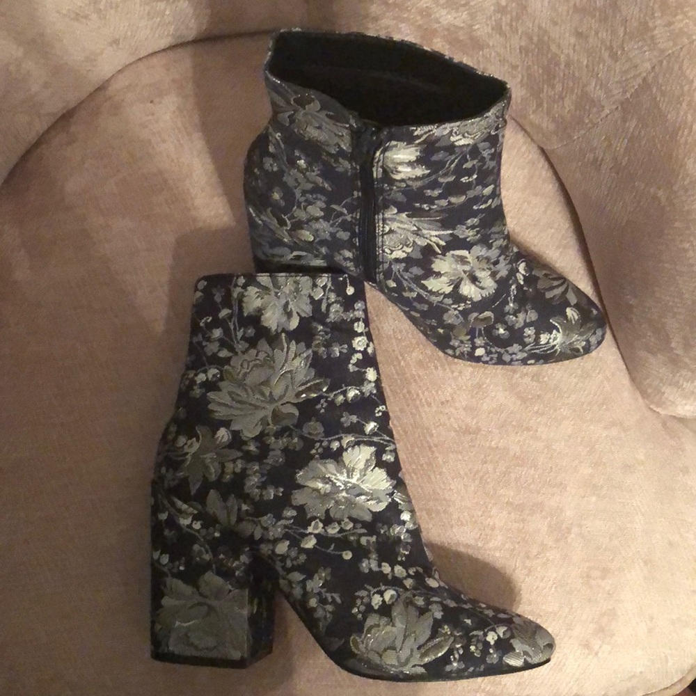 Blue Floral Chunky Heeled Booties - Picture 2 of 3
